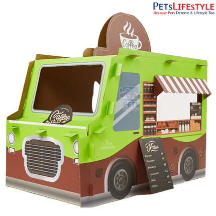 FOFOS Coffee Bus Cat Scratcher – Heavy-Duty Recycled Cardboard Scratcher, Hideout & Play Hub with Imported Catnip