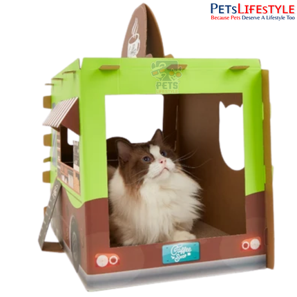 FOFOS Coffee Bus Cat Scratcher – Heavy-Duty Recycled Cardboard Scratcher, Hideout & Play Hub with Imported Catnip