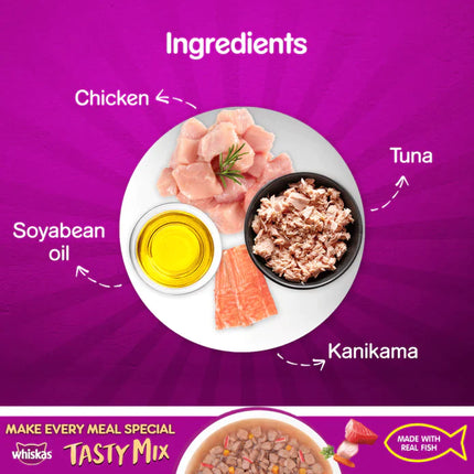 Whiskas Adult (1+ year) Tasty Mix Wet Cat Food Made With Real Fish, Tuna With Kanikama And Carrot in Gravy - 70 g packs