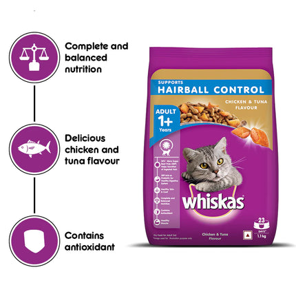 Whiskas Chicken & Tuna Flavour Hairball Control Dry Cat Food for Adult Cats (1+ Years)