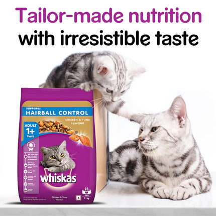 Whiskas Chicken & Tuna Flavour Hairball Control Dry Cat Food for Adult Cats (1+ Years)